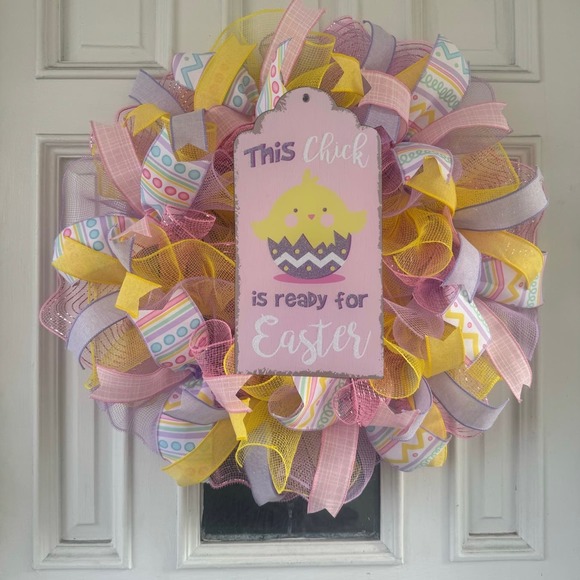 This Chick is Ready for Easter Mesh Ribbon Wreath Front Door Hanger Home Decor - Picture 1 of 5